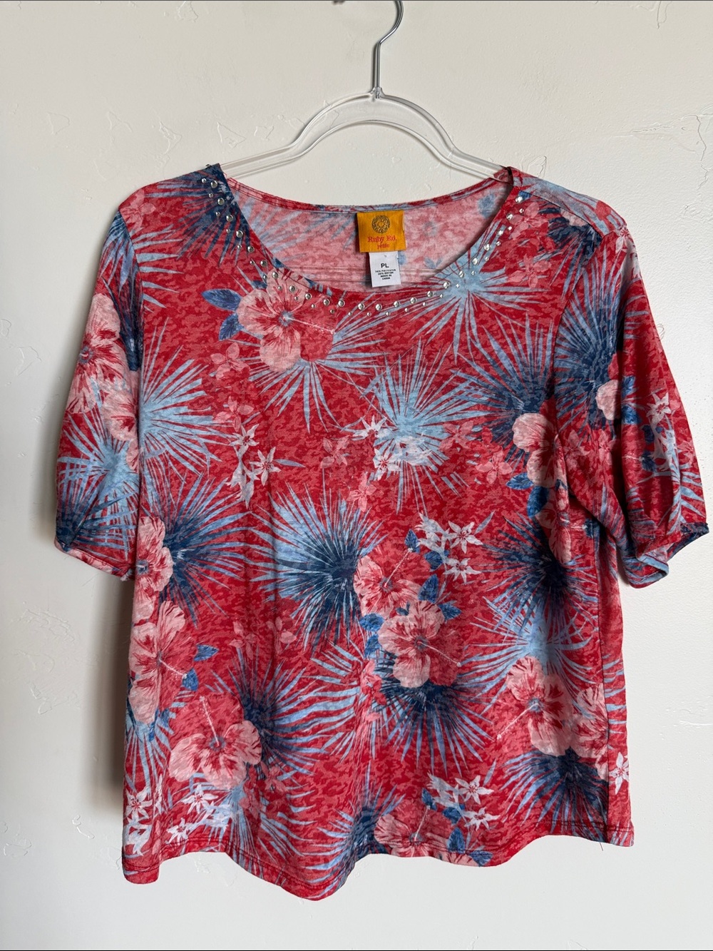 Ruby Rd. Red Floral Palm-Print Short Sleeve Top with Stud Accents Lightweight
